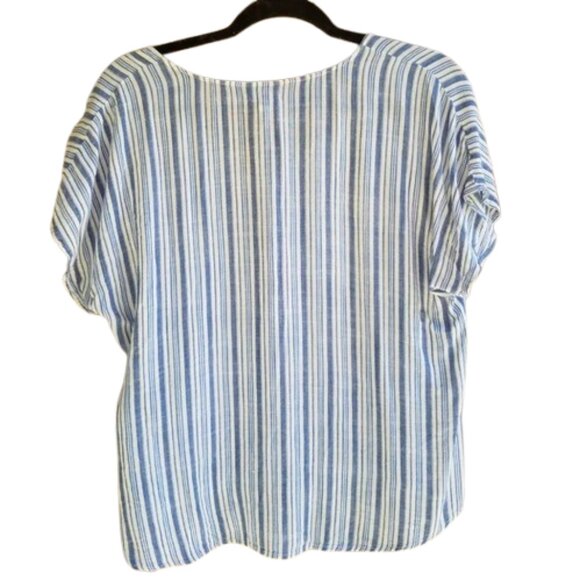 Striped Coastal Granny Boxy Button-Up Short Sleeve V-Neck Blouse. Layering Piece - Picture 3 of 9